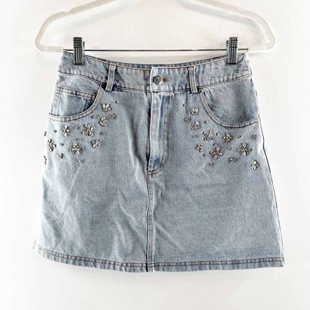 Vici Midnight Muse Rhinestone Studded Denim Mini Skirt Blue Small - Picture 2 of 7